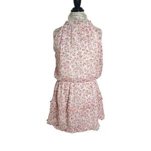 Womens Halter Sleeveless Mini Dress L Pink White Floral Ruffle Resort Fairycore